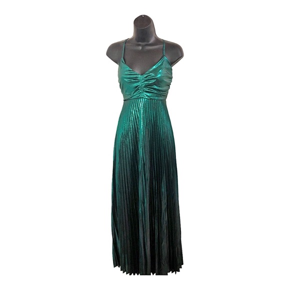 Beautiful emerald green lurex look open lace up back pleated maxi dress size S - Picture 14 of 17
